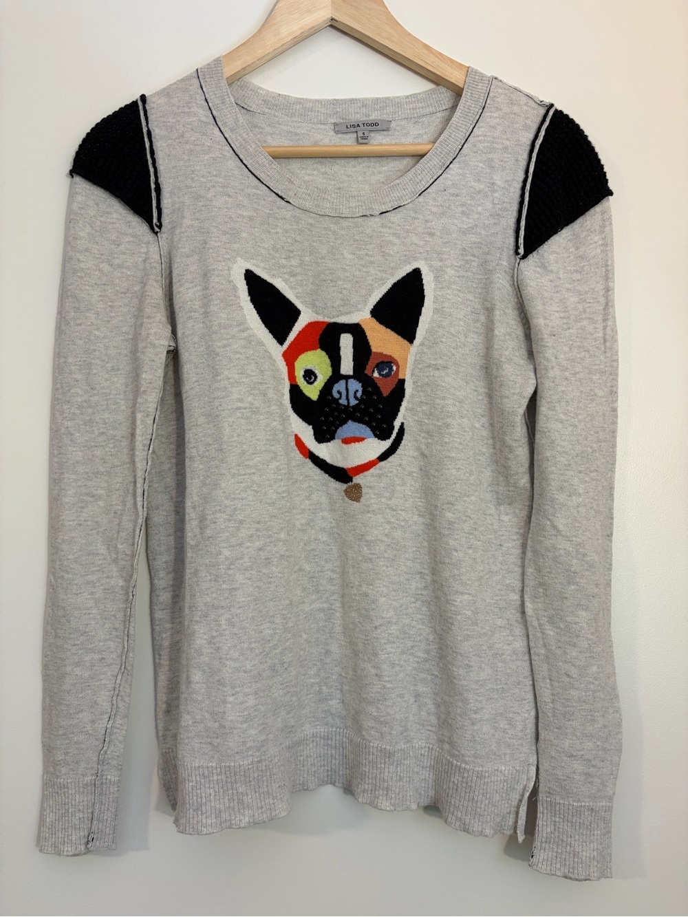 Lisa Todd Colorful French Bulldog Abstract Frenchie Sweater – Gray – Size S